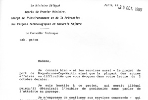 Lettre cabinet du Ministre 25 octobre 90